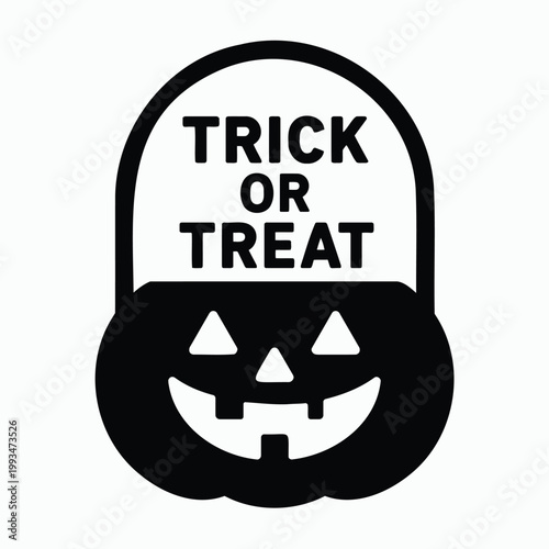 Black and white illustration of trick or treat candy bucket with jackolantern face
