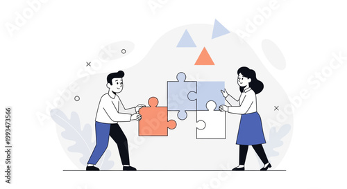 Teamwork Puzzle Solution: Man and Woman Connect Pieces for Business Success