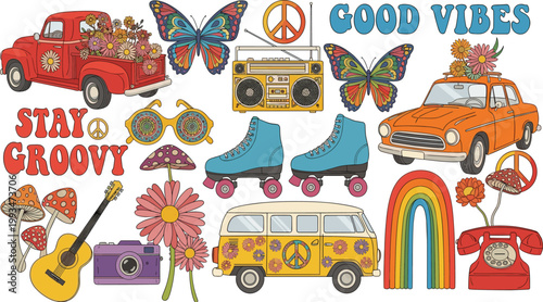 Retro groovy seventies sticker collection with hippie van butterfly roller skates rainbow guitar mushroom and good vibes vector illustration set