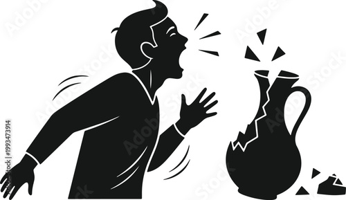 Angry man yelling at broken vase with fragments flying, explosive anger and frustration.