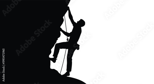 A rock climber ascends a steep cliff face captured in dramatic silhouette