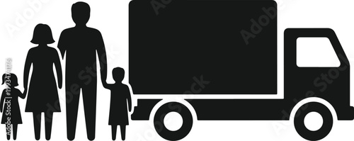 Family with two children standing next to moving truck, relocation and moving house concept.