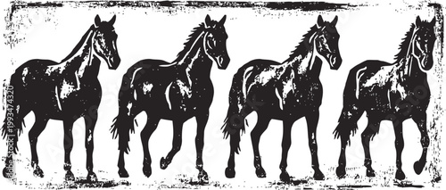 black silhouette of four horses standing side by side in grunge vintage