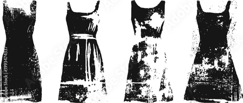 Vintage women's sleeveless dresses silhouettes with distressed texture in black and white