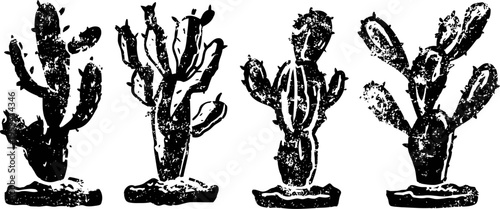 Black ink silhouette illustrations of four different potted cactus plants on white background