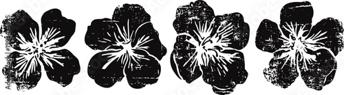 set of four vintage floral black ink stamps hand drawn blooming hibiscus flowers with detailed petals and stamens