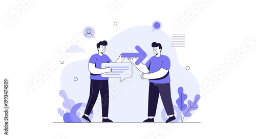 Two men exchanging ideas with speech bubble and arrow illustration