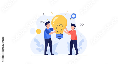 Two men holding a giant glowing light bulb, symbolizing innovation and teamwork.