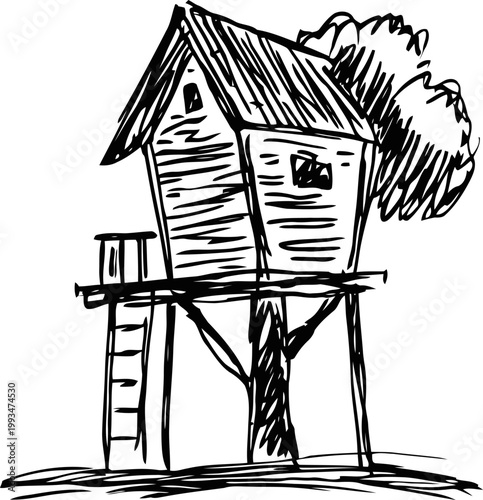 Sketch of a rustic treehouse on stilts with ladder and leafy tree background