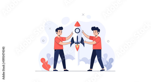 Two men launching a rocket, startup concept, business growth, innovation, teamwork