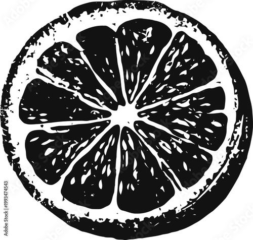Black and white citrus slice illustration stylized lemon or orange fruit cross section with detailed texture and seeds