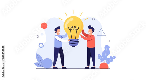 Two men holding a glowing light bulb, symbolizing teamwork and innovation