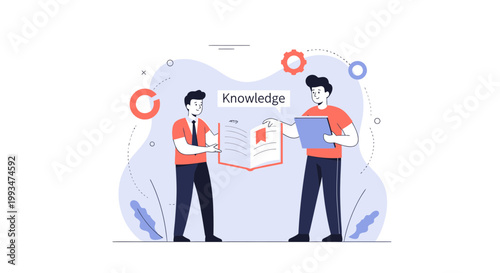 Two men sharing knowledge from a book, illustration, education concept