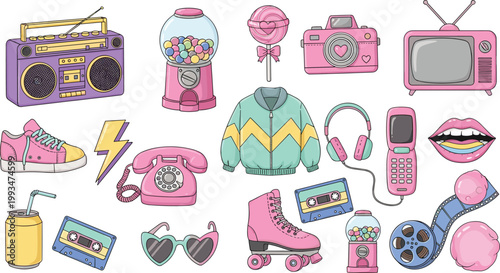 Retro nineties nostalgia sticker collection featuring boombox cassette roller skates telephone camera TV jacket and candy flat style vector illustration set
