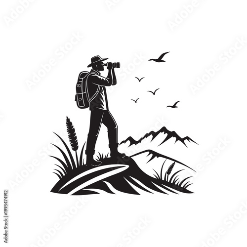 Man wearing hat and backpack looking through binoculars on mountain peak exploration concept illustration