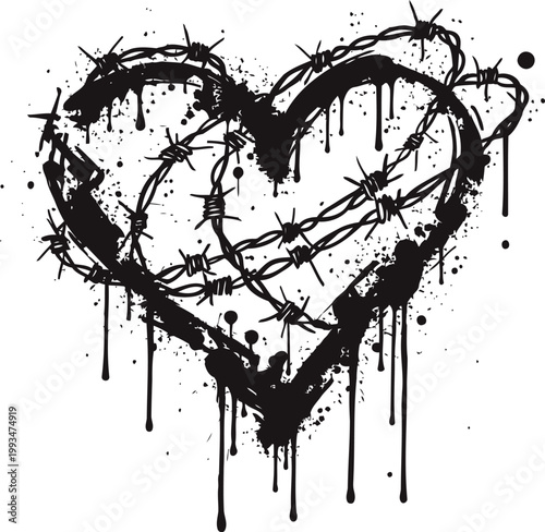 black heart shape wrapped with barbed wire and ink splatter, grunge illustration