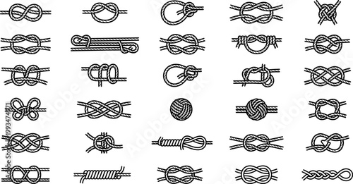 A collection of various rope knots showcasing different types of secure and decorative ties used for sailing and climbing.