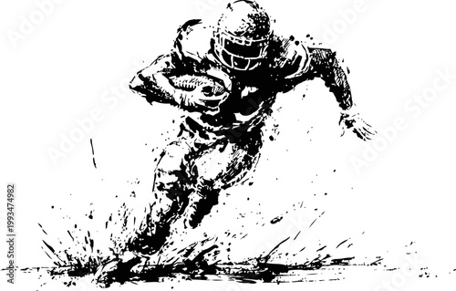 American football player running with ball, aggressive motion, dynamic sports action ink sketch