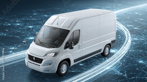 White delivery van navigates a glowing digital map with light trails