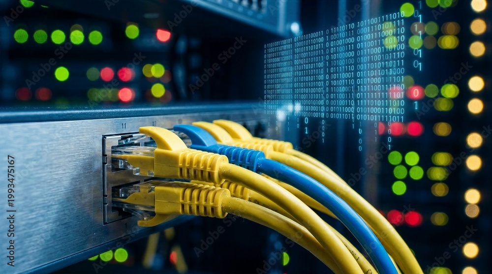 Naklejka premium Professional it technician background featuring network router with plugged yellow cables and glowing digital data matrix representing big data processing and global connectivity