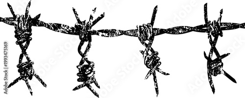 Close up of twisted barbed wire fencing with sharp metal points on white background