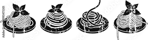 Four plates with spaghetti pasta servings and basil leaves in black and white silhouette