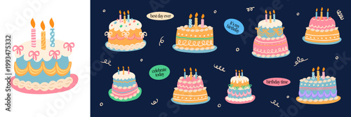 Set of Whimsical Cute Happy Birthday Cake, Celebration, Party, Anniversary, Born, Fun, Confetti and Event SVG Vector