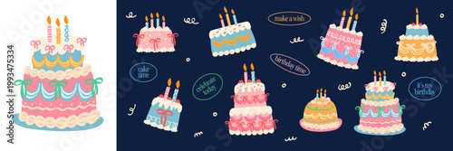 Set of Whimsical Cute Happy Birthday Cake, Celebration, Party, Anniversary, Born, Fun, Confetti and Event SVG Vector
