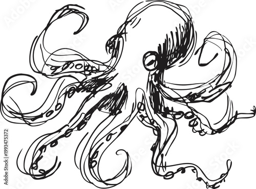 Detailed hand drawn octopus sketch with swirling tentacles and ink texture, marine animal illustration