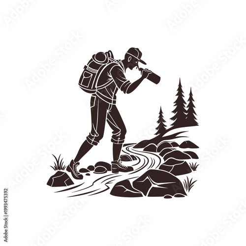 Hiker drinking water from a bottle while walking on a forest trail hydration and trekking concept