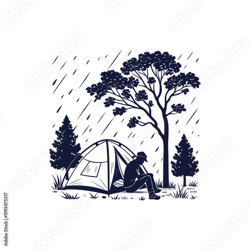 Man sitting beside a tent during rainy camping trip isolated on white background survival and travel concept