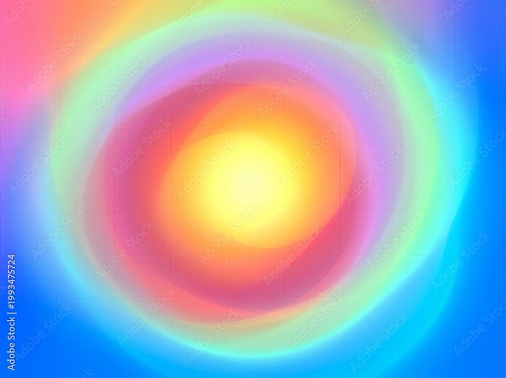 Obraz premium Abstract colorful rainbow aura background with glowing yellow center and soft circular layers of pink blue green and orange for meditation or tech wallpaper