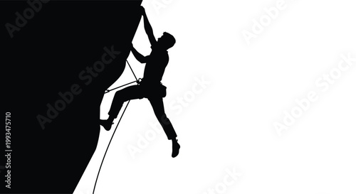 A rock climber ascends a steep cliff face captured in striking black silhouette