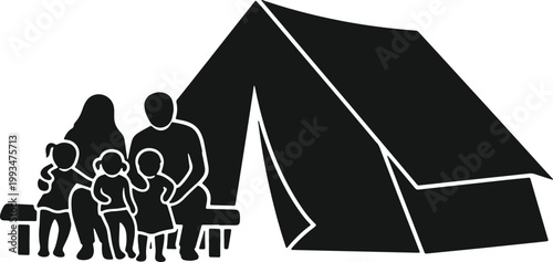 Family camping vacation outdoor tent and people silhouette on gray checkered background.