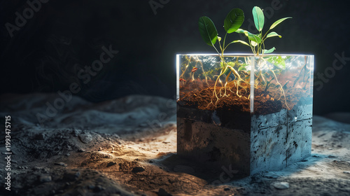 Transparent cube with young plants in hopeful mood growing with visible roots against dark minimal background