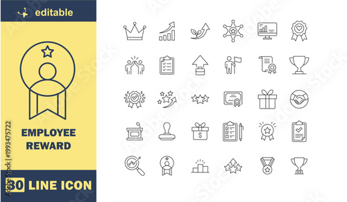 A collection of editable line icons for employee reward and recognition programs