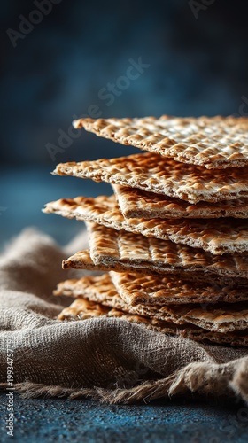 Rustic Composition of Matzah Unleavened Bread Stack at Jewish Festival Celebrations Artistic Environment Close-up Viewpoint for Culinary and Cultural Appreciation