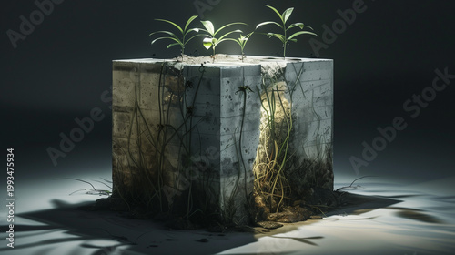 Split concrete cube with plants in resilient mood breaking through surface against industrial background