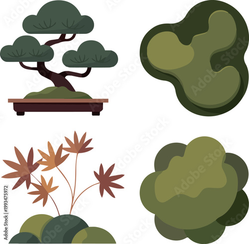 kinds of Top Down Japandi Garden Flora Vector Set Bonsai, Japanese Maple and Moss Elements on Without Background