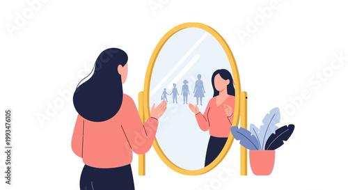 Woman Looking into Mirror Reflecting Confident Self-Image