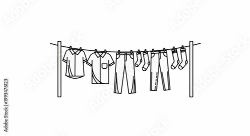 Clothes drying on a clothesline with clips, a simple outline illustration