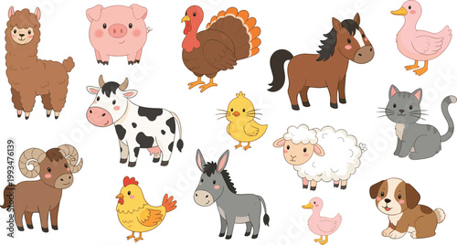 Cute cartoon farm animals collection featuring cow horse pig sheep donkey chicken turkey duck dog cat and llama vector illustration set