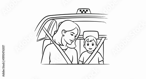 Mother and child travel by taxi, both wearing seatbelts