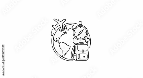 Outline of globe with airplane, compass, and backpack for travel