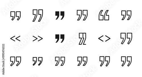 A collection of various quotation mark symbols, rendered in black on a white background