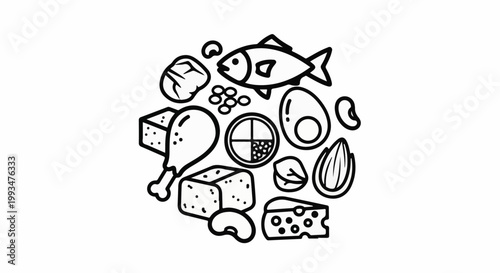 A circular arrangement of various foods including chicken, fish, eggs, cheese, and nuts