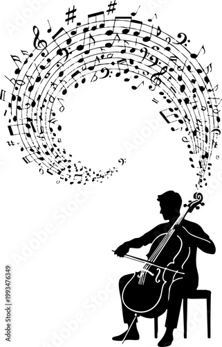 Silhouette of a musician playing cello with swirling musical notes