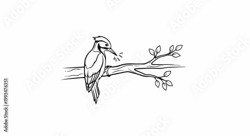 A hand-drawn woodpecker with open beak pecks at a branch with leaves