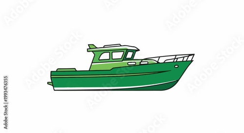 A green motorboat with a cabin, windows, and a railing