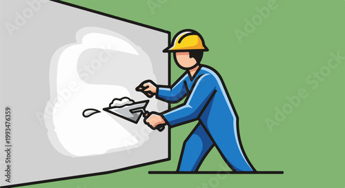Person in hard hat applying white material to gray wall with trowel